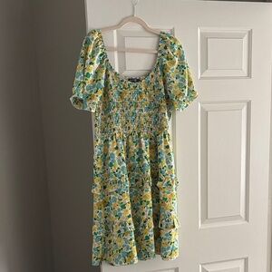 Smocked Floral Tiered Mini Dress - Yellow Green